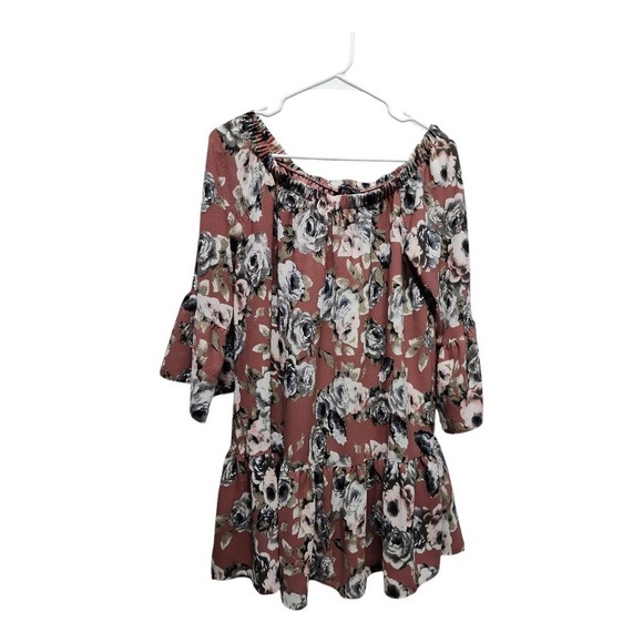 MOA MOA Mauve Floral Blouse M Off Shoulder 3/4 Sleeve Tunic Top Lined‎ - Picture 2 of 14